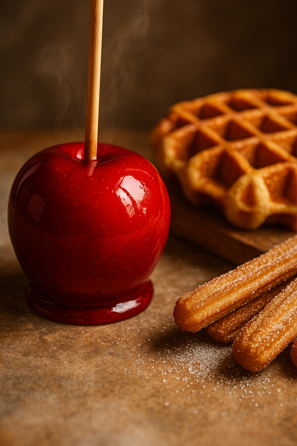 Pomme d'amour rouge brillante avec gaufres et churros au sucre