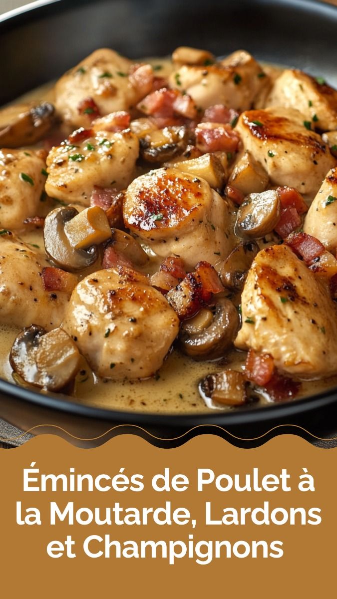 Émincés de poulet dorés dans une sauce crémeuse à la moutarde avec lardons et champignons.