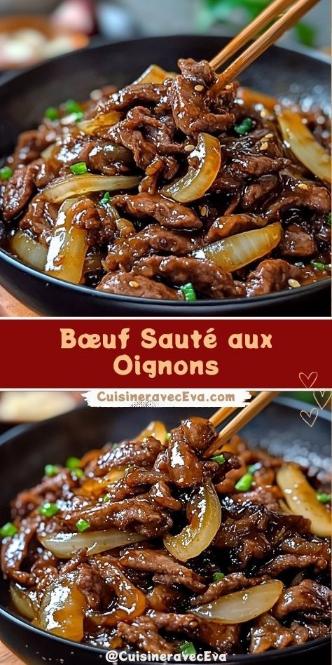 Bœuf sauté aux oignons caramélisés avec une sauce soja brillante, tenu par des baguettes.