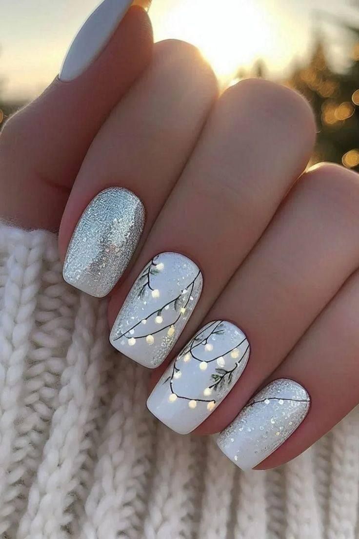 Ongles blancs et argentés pour Noël avec dessin de guirlandes lumineuses