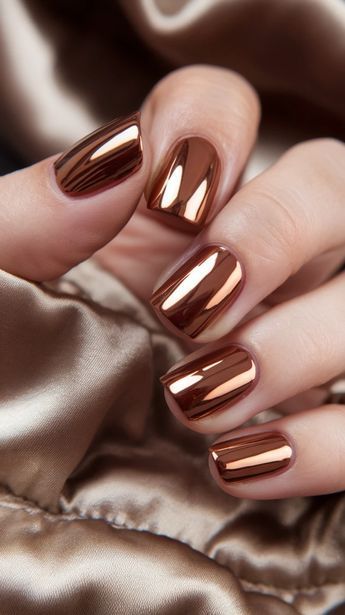 Tendance ongles effet chrome bronze pour un look de fête moderne