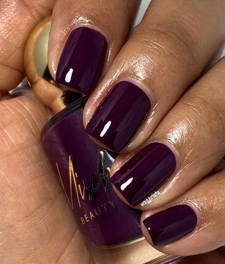Manucure unie d'un violet aubergine profond et brillant, la main tenant le flacon de vernis assorti.