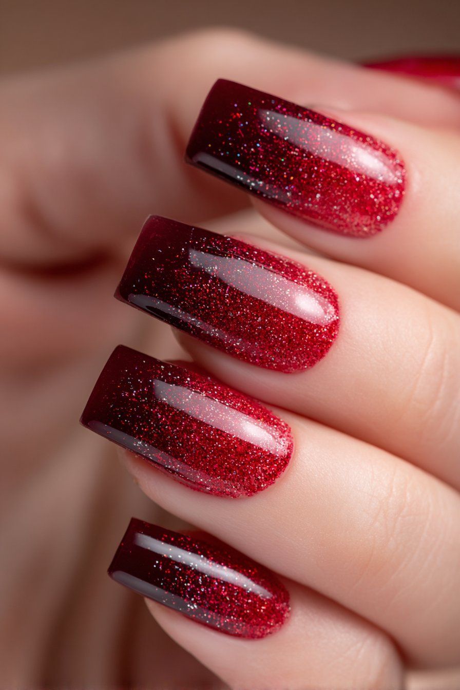 Gros plan sur une manucure ombré pailletée allant du noir profond au rouge rubis scintillant sur des ongles carrés.