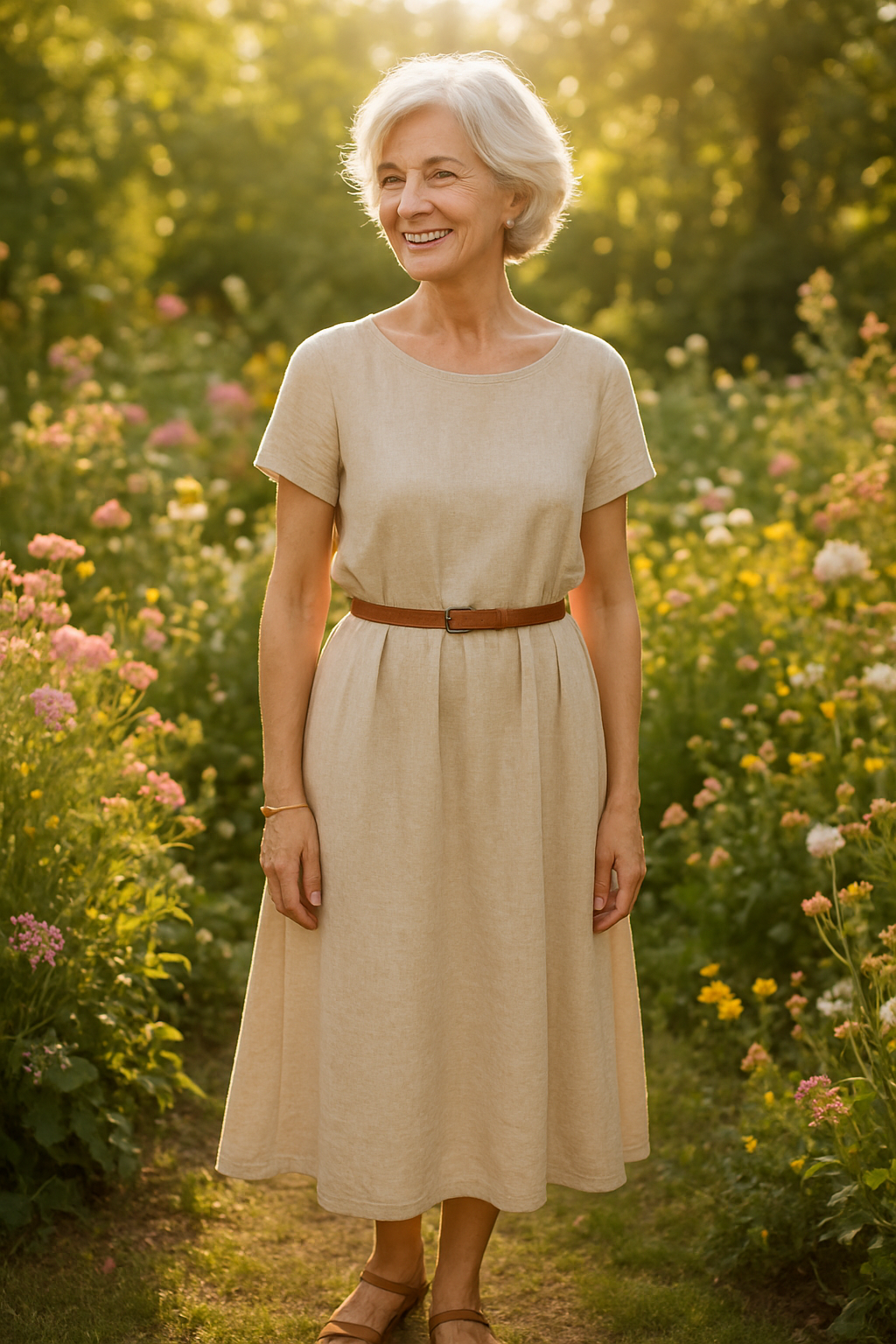 Femme élégante en robe beige midi dans un jardin fleuri