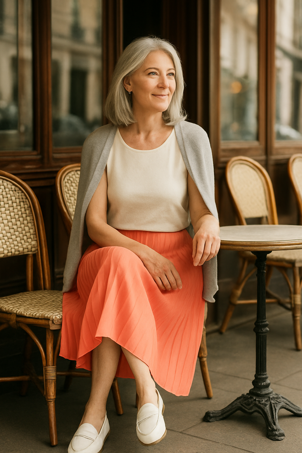 Style chic avec cardigan beige et jupe corail dans un café parisien