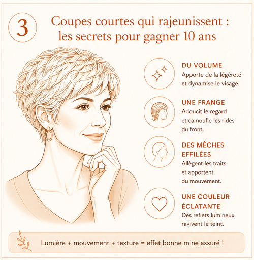 Femme avec coupe courte rajeunissante montrant les secrets du volume et de la texture