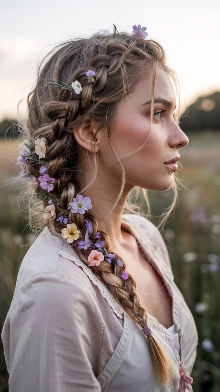 Tresse loose avec accessoires floraux pour un look bohème
