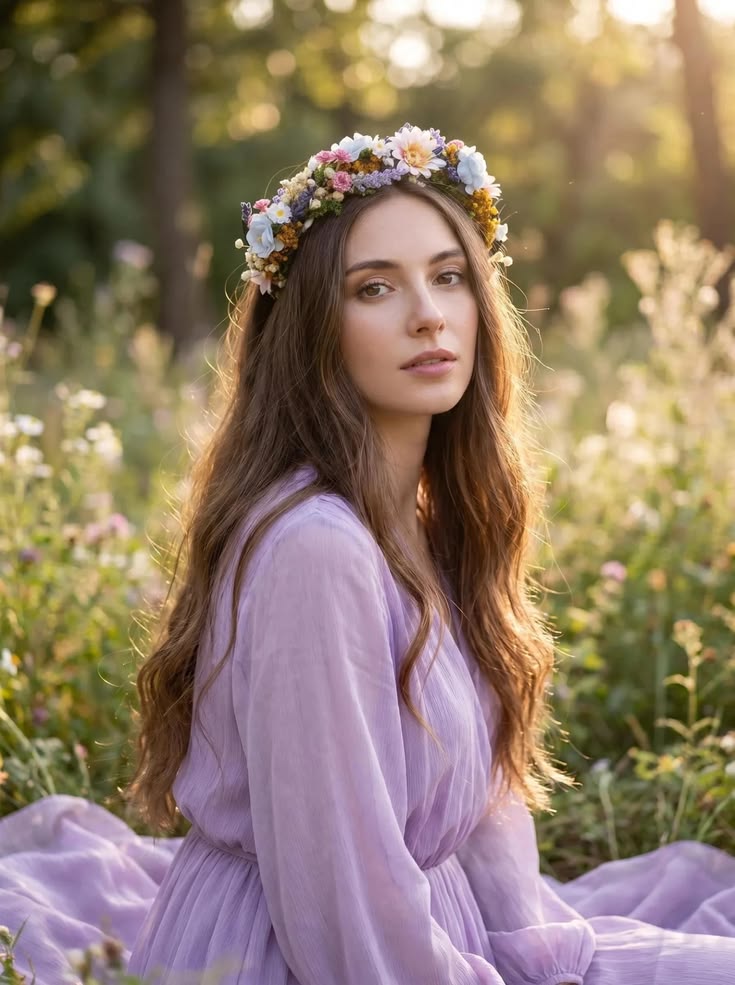 Coiffure tressée en couronne dans un champ de fleurs