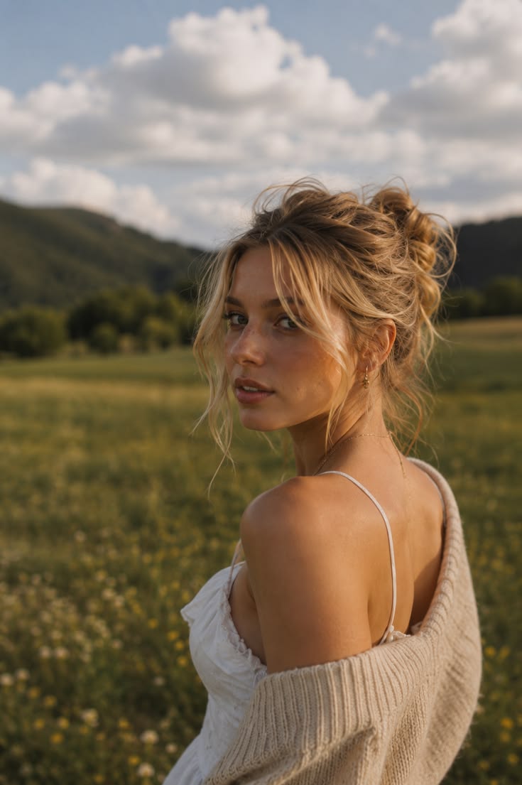 Chignon bas décontracté avec quelques mèches bouclées