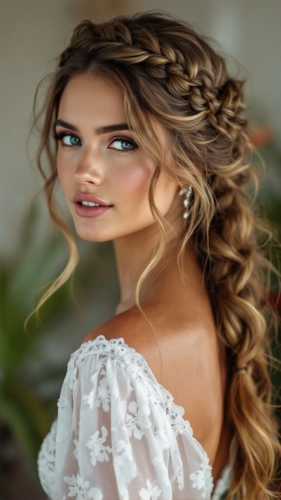 Coiffure half-up tressée avec mèches ondulées naturelles