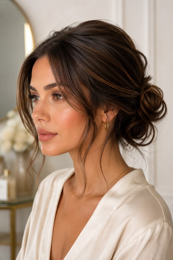 Chignon bas plongeant avec raie naturelle en plein air