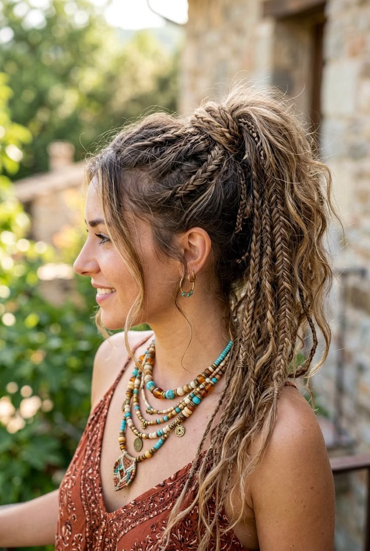 Chignon tressé décontracté entouré de feuillage d’été